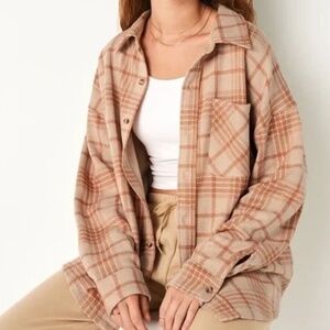 VS Pink Tan Plaid Button Down Shacket